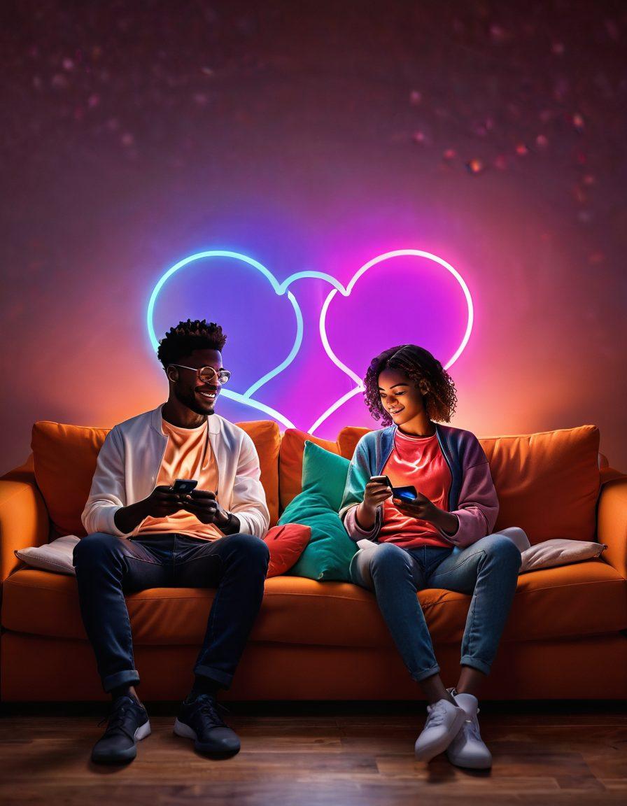 A couple sitting together on a couch, each holding their smartphones, with a holographic heart connecting their devices. The room is softly lit with warm colors, and accents of technology like glowing screens and digital interfaces in the background. Include elements representing virtual communication like text bubbles and emojis floating around. Emphasize a blend of affection and digital connectivity. vibrant colors. super-realistic.