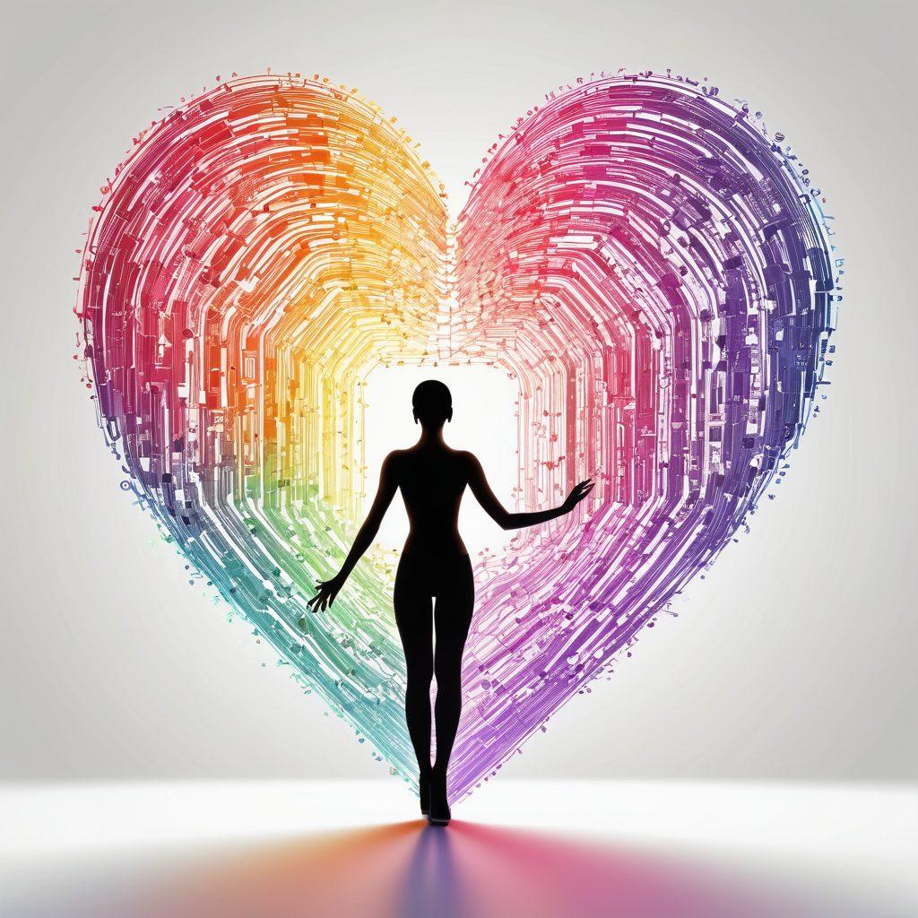 A heart made of interconnected digital circuits, symbolizing the fusion of technology and human connection. Surrounding the heart, silhouettes of diverse people engaging through various devices, showcasing vibrant colors of affection and innovation. Background filled with subtle binary code patterns, representing the digital age's influence. The overall vibe should evoke warmth and innovation, highlighting the strength of bonds in modern relationships. super-realistic. vibrant colors. white background.