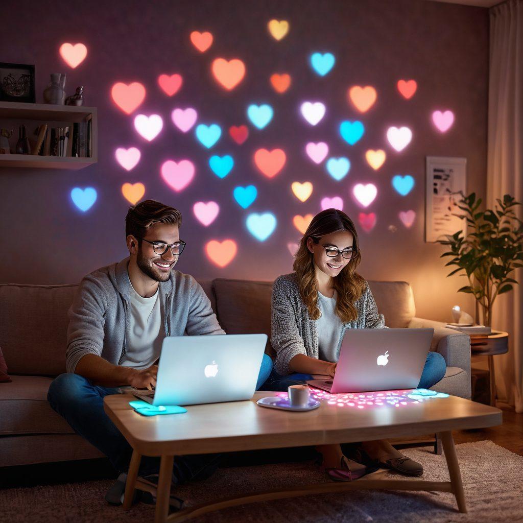 A couple working on their laptops together in a cozy, modern living room, surrounded by floating holograms of hearts and digital icons representing love and technology. Soft ambient lighting creates a warm atmosphere, while an array of tech gadgets on a coffee table reflects modern commitment. A subtle blend of passion and connection is illustrated through their smiling faces. vibrant colors. cozy atmosphere. 3D.